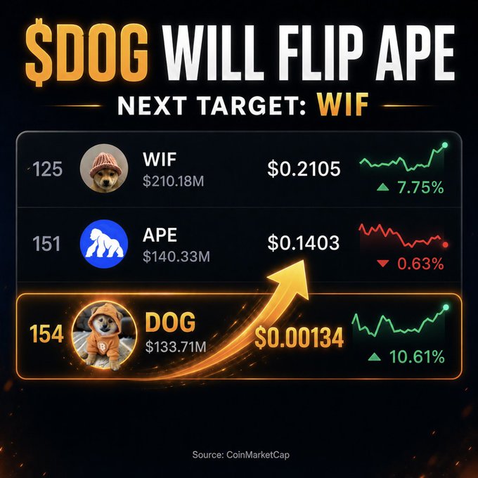 Crypto market graphic declaring '$DOG WILL FLIP APE' with 'NEXT TARGET: WIF', showing WIF at $0.2105 ($210.18M market cap, rank 125), APE at $0.1403 ($140.33M, rank 151), and DOG at $0.00134 ($133.71M, rank 154, up 10.61%), sourced from CoinMarketCap.