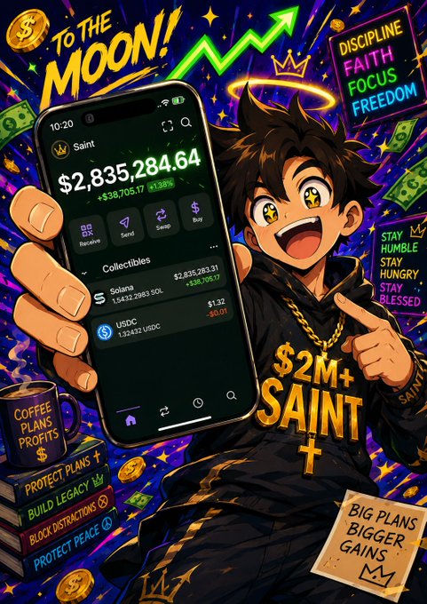 The image is a vibrant, anime-style promotional graphic showing an excited character holding a smartphone displaying a crypto wallet app with a balance of **$2,835,284.64** and **Solana ($SOL)** holdings, surrounded by motivational text like "TO THE MOON!!," "DISCIPLINE, FAITH, FOCUS, FREEDOM," and "$2M+ SAINT."

This visually reinforces the post's call-to-action by showcasing Saint's impressive crypto portfolio (notably over **$1.34M USDC** and **3,432 SOL**) to attract engagement for the giveaway targeting the first 699 active engagers.