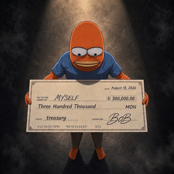 An orange cartoon character stands holding a large novelty check made out to "MYSELF" for $300,000.00 from "treasury," dated August 10, 2026 and signed "BOB." The image visually represents the post's announcement that proceeds from a $BOB collectible mint are being used to purchase tokens and fund the project's treasury.