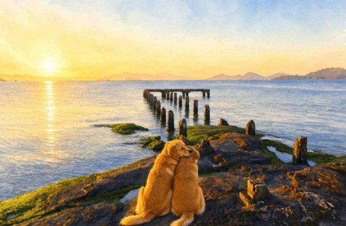 A golden retriever sitting on a rocky shoreline at sunset, looking out over the ocean toward an old weathered wooden pier in the distance with mountains on the horizon.