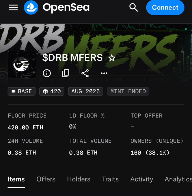 The image shows an OpenSea collection page for "$DRB MFERS," a 420-item NFT collection on the Base blockchain minted in August 2026 that has sold out (status reads "MINT ENDED"), with a floor price of 420 ETH, 160 unique owners, and 0.38 ETH in volume. The post celebrates the successful mint-out of this collection, praising the $DRB community.