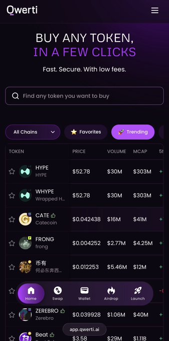 The Qwerti mobile app interface displaying a token trading platform with the tagline 'BUY ANY TOKEN, IN A FEW CLICKS', featuring a list of tokens including HYPE ($52.78), WHYPE ($52.78), CATE ($0.042438), FRONG ($0.004252), and ZEREBRO ($0.039928), with navigation tabs for Home, Swap, Wallet, Airdrop, and Launch.