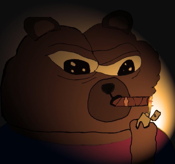 A dark, stylized illustration of an angry brown bear character lighting a cigar with a lighter, with a glowing yellow light behind it creating a dramatic halo effect.