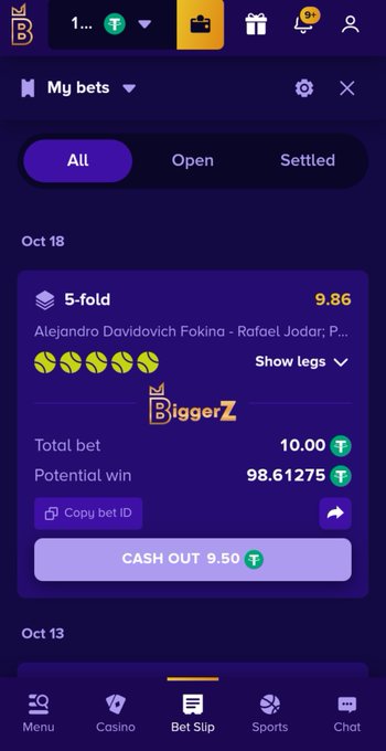 A mobile betting app screen showing 'My bets' with a 5-fold bet from Oct 18 on tennis matches (Alejandro Davidovich Fokina - Rafael Jodar), featuring a 'BiggeZ' logo watermark, with total bet of 10.00 and potential win of 98.61275.