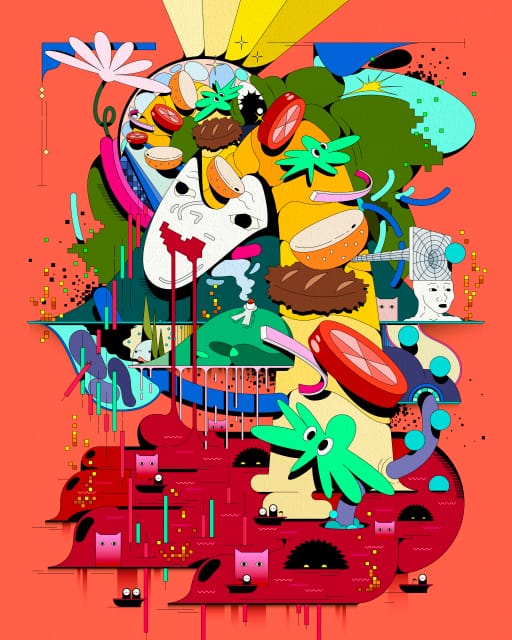 A vibrant, surreal digital illustration featuring colorful characters, mushrooms, and abstract shapes against an orange background with dripping paint effects.