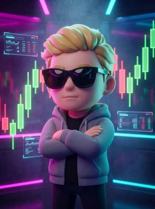 A confident, sunglasses-wearing 3D cartoon character stands with arms crossed in front of glowing green and red candlestick charts and digital trading dashboards, set in a neon-lit cyberpunk atmosphere. The image's "rebel trader" vibe and bullish green candles visually reinforce the post's message of token supply burns taking power away from Wall Street suits and into the hands of retail.