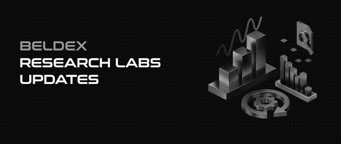 A graphic banner reading 'BELDEX RESEARCH LABS UPDATES' with 3D illustrations of bar charts, a line graph, and cryptocurrency-themed iconography on a dark background.