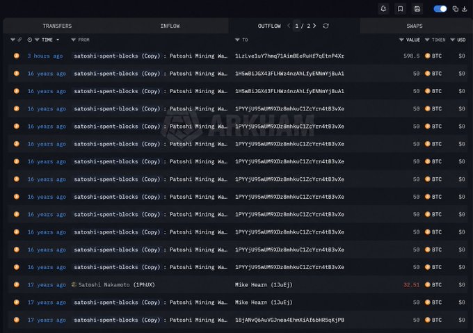 A dark-themed blockchain explorer interface displays transaction records showing multiple outgoing transfers of 50 BTC each from "satoshi-spent-blocks (copy)" addresses to various recipients, with one notable entry dated "3 hours ago" showing 598.5 BTC sent from a Satoshi-linked wallet (1LzeVe1uYTbmp7IAimEeRoHf7gEtmP4Xz), corroborating the reported move of dormant Bitcoin after 16 years. Additional older entries from "16 years ago" and "17 years ago" display transactions attributed to "Satoshi Nakamoto (1PNDX)," with one historic transaction of 32.51 BTC visible at the bottom of the list.