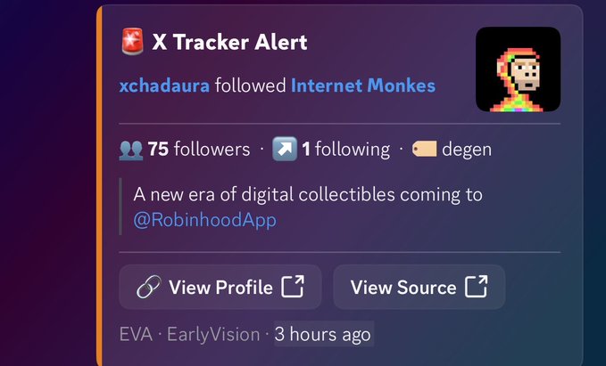 An X Tracker Alert card shows that "xchadaura" followed "Internet Monkes," a NFT collection with 75 followers and 1 following, tagged as "degen," referencing digital collectibles coming to @RobinhoodApp. The alert relates to the post by tracking early alpha for the "Internet Monkes" NFT project by @gmhunterart, suggesting involvement yields goated founder benefits and potential OpenSea whitelist access.