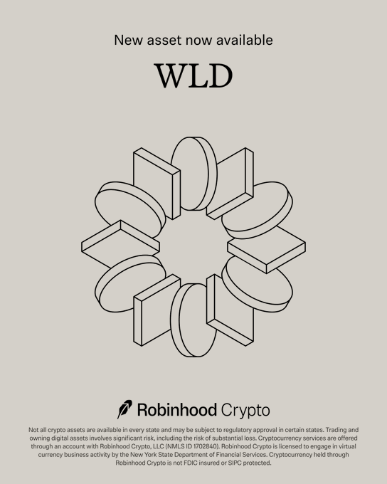 The image features a black and white logo for Robinhood Crypto company, which includes two circles placed next to each other that resemble the shape of a "WLD". The text below this logo provides information about the WLD being available for trade on Robinhood Crypto platform now.