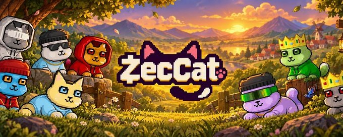 A promotional banner for 'ZecCat' featuring cartoon cats with various accessories in a colorful pastoral landscape.