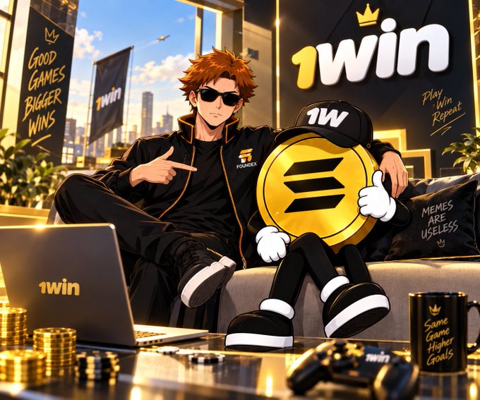 An anime-styled character in sunglasses poses with a Solana coin mascot beside him, surrounded by "1win" branding including a laptop, cap, and "GOOD GAMES BIGGER WINS" banner, with stacks of coins and gaming accessories scattered around. The image ties directly to the post by visually fusing Solana culture with 1win's gaming brand, reinforcing the claim that "the real meta is playing on 1win."