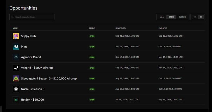 An 'Opportunities' dashboard listing various airdrops and events including Slippy Club, Mint, Agentics Credit, Vangrid - $100K Airdrop, Sleepagotchi Season 3 - $100,000 Airdrop, Nucleus Season 3, and Beldex - $50,000, all marked as OPEN with start and end dates in 2026.