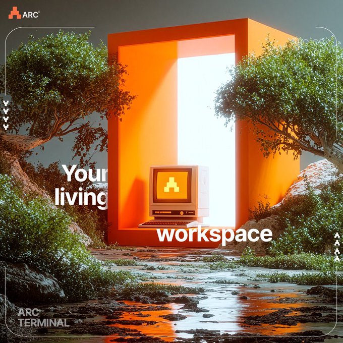 The image shows a computer monitor sitting inside of a cubicle, with a tree outside the window behind it. The background includes a watermark that reads "arc terminal" along with some text about the context engine.