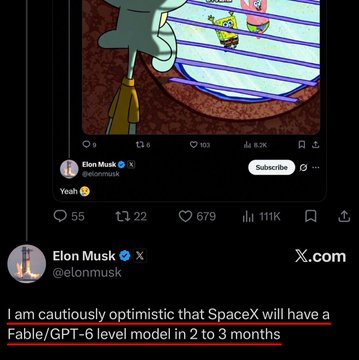 A SpongeBob meme about rock-paper-scissors is shown above Elon Musk's tweet from @elonmusuk stating, "I am cautiously optimistic that SpaceX will have a Grok 6 level model in 2 to 3 months," with the post highlighting SpaceX's $SPCX as bullish amid Musk's AI ambitions.