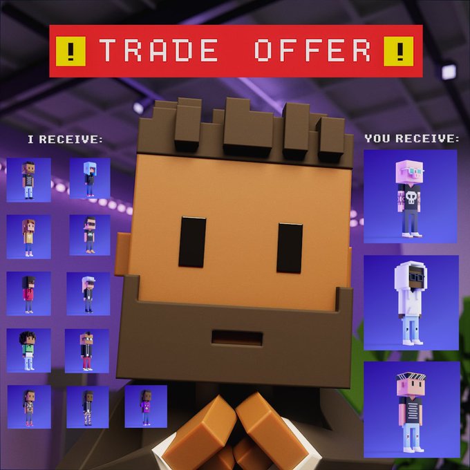 A Minecraft-style 'TRADE OFFER' screen showing multiple pixelated character skins being exchanged between players.