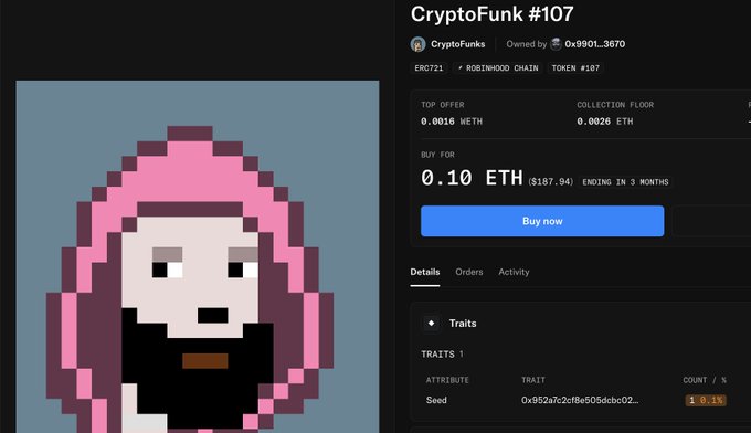 The image shows a listing on OpenSea for CryptoFunk #107, a pixelated character with a black beard and pink hair on a robinhood chain, with a top offer of 0.0016 ETH and a buy now price of 0.10 ETH ($187.94). The listing aligns with the post's cryptic call to "what the funk???" referencing the URL shared for this NFT item.