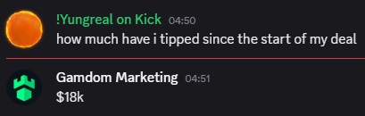 A screenshot of a chat where user "!Yungreal on Kick" asks how much they have tipped since the start of their deal, and "Gamdom Marketing" replies with "$18k," illustrating the $18,000 in tips mentioned in the post about the creator looking after their players.