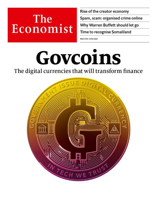 Cover of 'The Economist' magazine dated May 8th-14th 2021, with the main headline 'Govcoins: The digital currencies that will transform finance' above a Bitcoin-style graphic.