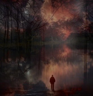 A moody, surreal artwork depicting a lone silhouetted figure standing before a dark lake, with a dramatic red sky reflected in the water.