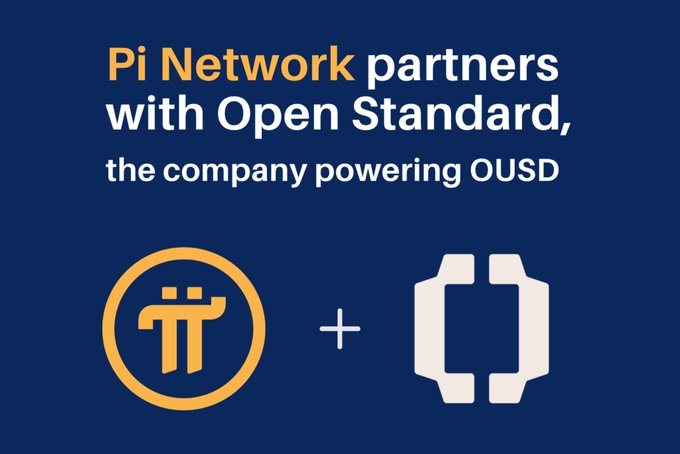 A promotional graphic on a navy blue background announces "Pi Network partners with Open Standard, the company powering OUSD," featuring the Pi Network logo (an orange Greek pi symbol in a circle) alongside the Open Standard logo (a white bracket design), separated by a plus sign. The image visually reinforces the post's message about Pi Network's strategic partnership with Open Standard, highlighting its integration into a major consortium that includes global financial and tech giants like Visa, Google, and Stripe.