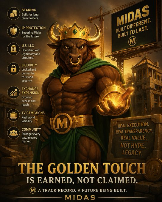 The image features an advertisement for Midas, which is a company that has been built into the future by delivering various services such as staking, IP protection, and more. The poster showcases a muscular bull character with a crown, symbolizing strength and power. The text on the poster emphasizes the importance of the Golden Touch, which is earned, not claimed. This message highlights Midas' achievements in building their company and delivering valuable services to their clients.