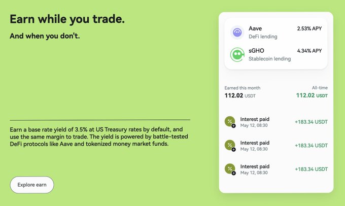 The image shows a promotional panel reading "Earn while you trade. And when you don't," featuring Aave DeFi lending at 2.53% APY and sGHO stablecoin lending at 4.34% APY, with monthly earnings of 112.02 USDT and interest payments of +183.34 USDT dated May 12, 08:30. This appears to be unrelated marketing content about crypto yield-earning protocols, separate from the post discussing GRVT's postponed Token Generation Event (TGE) and airdrop registration deadline, though both relate to the broader crypto/Web3 ecosystem.