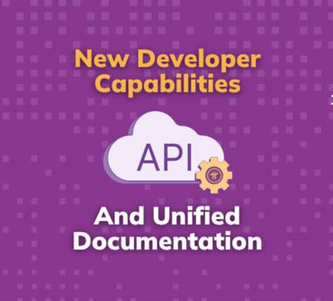 A purple promotional graphic reads 'New Developer Capabilities' above an 'API' cloud icon and 'And Unified Documentation' text.