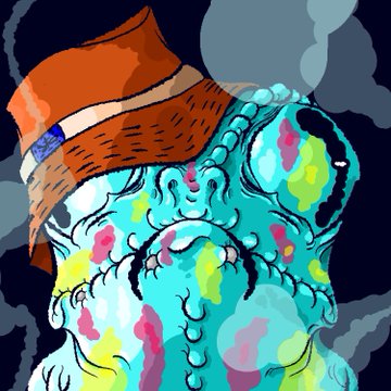 A vibrant illustration depicts a blue, slime-covered creature wearing an orange beanie with a blue gem, surrounded by dark smoke. The image likely showcases the sold artwork, reflecting the creative style of the GoofsLands brand mentioned in the post.