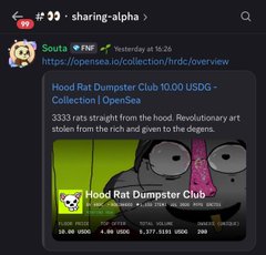 A Discord message in the '#sharing-alpha' channel from user 'Gouta' promoting an OpenSea collection called 'Hood Rat Dumpster Club' with 3333 rats, priced at 10.00 USDC each.