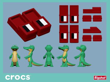 A promotional graphic showing Crocs shoe charms and Bigshot Crocs accessories, featuring a green crocodile/dinosaur character figure and red platform shoe pieces.