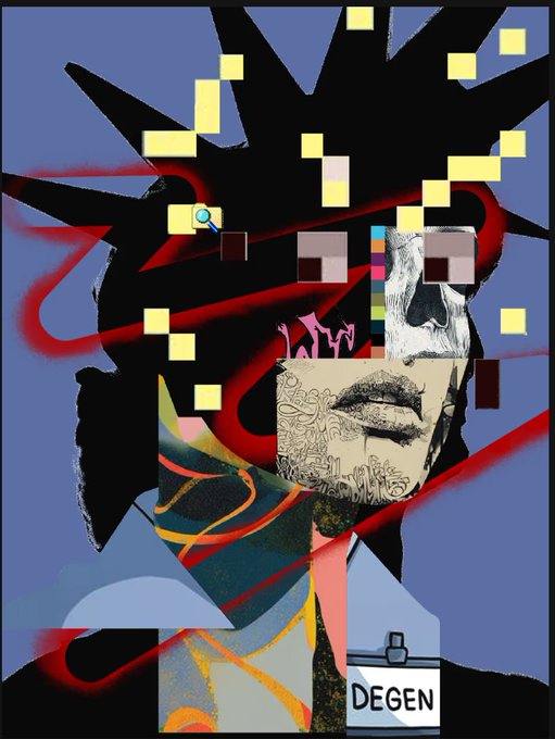 A digital art collage featuring a fragmented portrait with pixelated yellow elements, red splashes, and a patch reading "DEGEN" on a badge. The chaotic, layered aesthetic with a "DEGEN" label visually reinforces the post's theme of adding to a collection related to the "@R3ORDR" project.