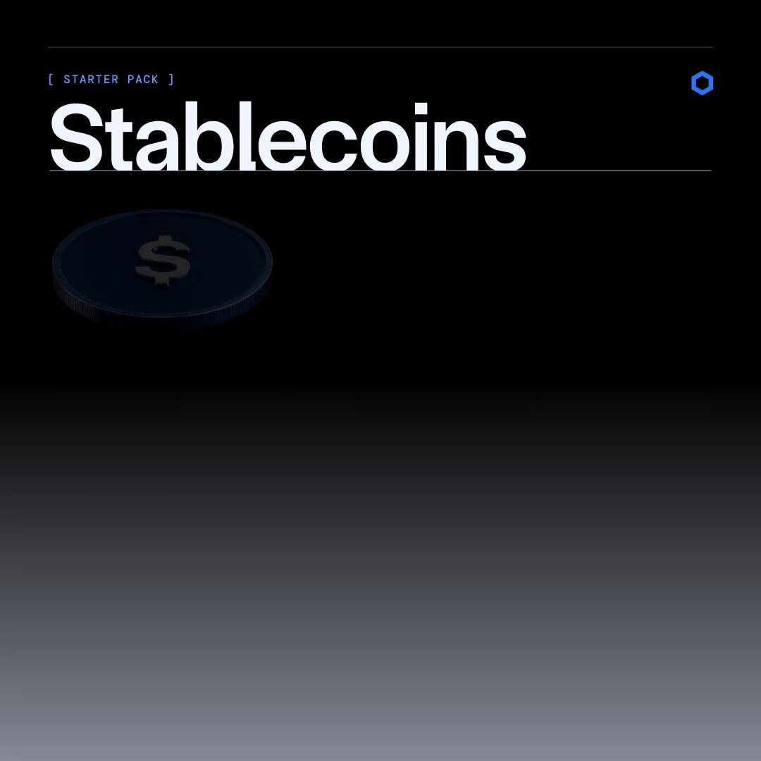 The image shows a coin with a dollar sign on top, placed against a black background. The text "Stablecoins" is written above the coin, indicating that this is an image related to stablecoins or cryptocurrency. The caption below the coin reads "Startner Pack 1", suggesting it's part of a starter pack for learning about stablecoins and their role in the onchain economy.