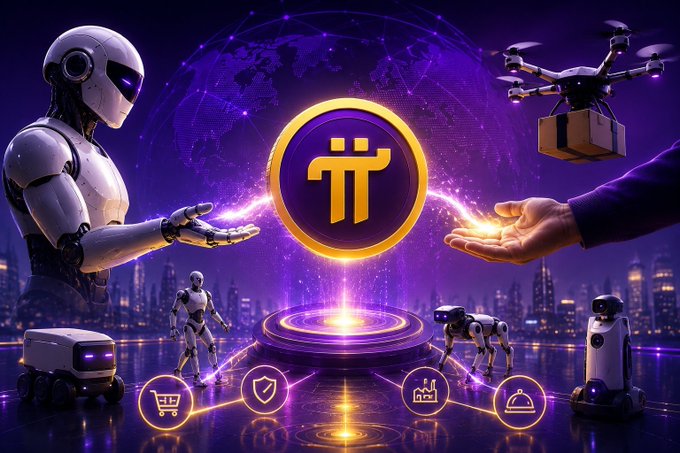 A humanoid robot and a human hand reach toward a glowing Pi Network (π) logo, surrounded by delivery drones, robotic dogs, and service robots against a futuristic purple cityscape backdrop with icons representing shopping, security, industry, and food delivery—visually reinforcing the announcement that Pi has become a payment partner for RoboPay, integrating its cryptocurrency into the AI and autonomous robotics economy.
