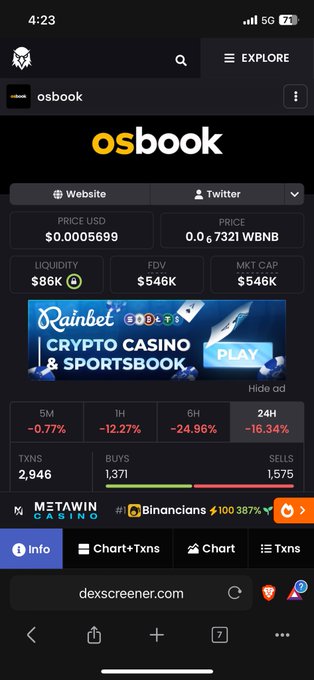 Dexscreener mobile app screenshot displaying the 'osbook' token with a price of $0.00005699 (0.000007321 WBNB), showing a 24H decline of -16.34% and a Rainbet Crypto Casino ad banner.