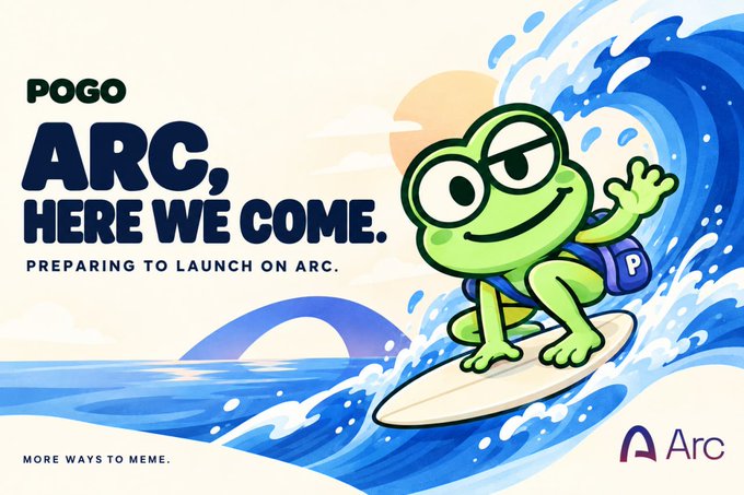 An advertisement for POGO featuring a cartoon frog surfing on a wave, with the text 'ARC, HERE WE COME. PREPARING TO LAUNCH ON ARC.' and the Arc logo.