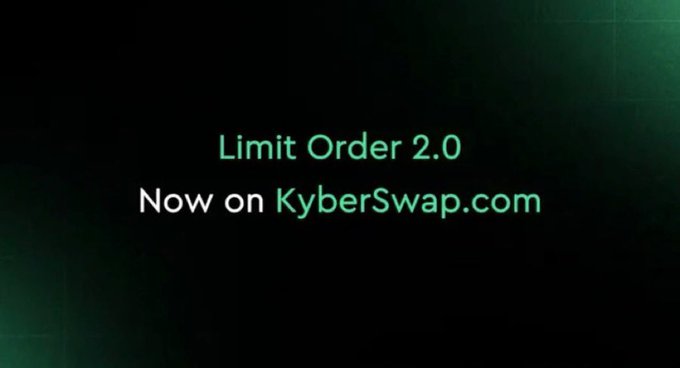 A promotional graphic with a dark green gradient background displays the text "Limit Order 2.0" and "Now on KyberSwap.com" in green and white lettering, announcing Kyber Network's upgraded limit order feature on their trading platform.