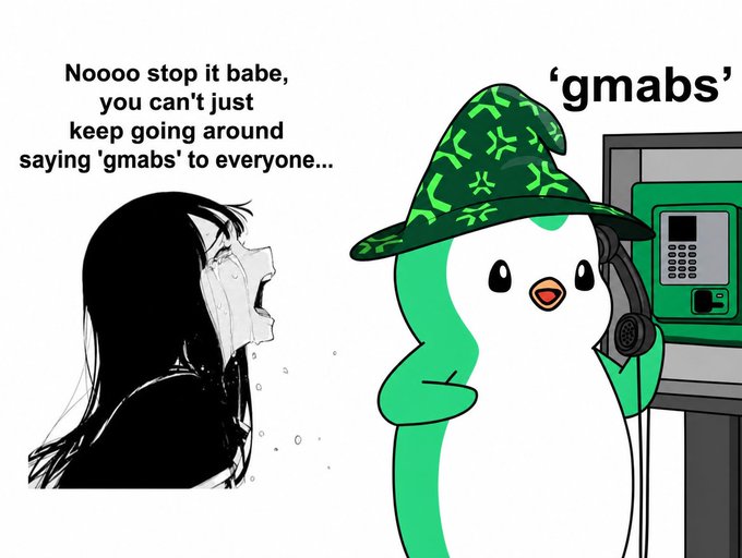 The image is a meme featuring a crying anime-style girl telling a green duck-like character wearing a wizard hat and using a payphone, "Noooo stop it babe, you can't just keep going around saying 'gmabs' to everyone..." while the duck simply responds with "'gmabs'". It relates to the post about AbstractChain believers by humorously portraying "gmabs" as an internet slang greeting similar to "gm" (good morning), but tailored for AbstractChain.