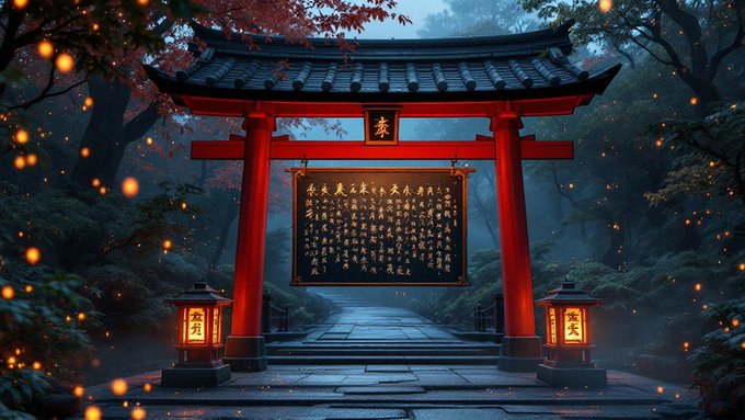A red Japanese torii gate with a plaque of Asian characters, flanked by lanterns and glowing orbs in a misty forest setting.