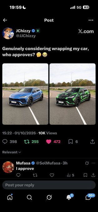 A screenshot of an X post by user "JChizzy" (@JJChizzy) reading "Genuinely considering wrapping my car, who approves?", showing before-and-after photos of a blue Lamborghini Urus and its green wrapped version.