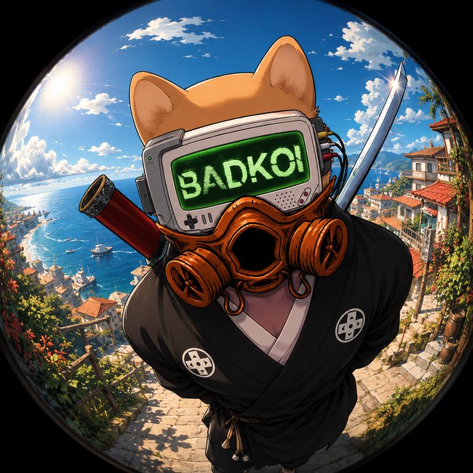 The image features a cartoon character dressed as a person wearing a gas mask, holding a sword, and standing against a backdrop of buildings and water. The caption below the image reads "Fell in love with this artwork instantly Big shoutout to @0xAlphaGEMs teaming up with such talented creators GEMS on top."