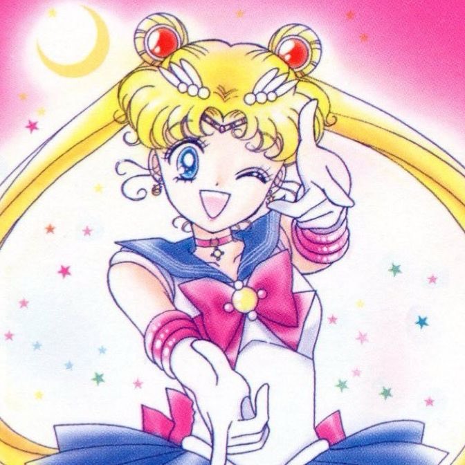 A colorful anime illustration of Sailor Moon winking and pointing forward against a pink starry background with a crescent moon.