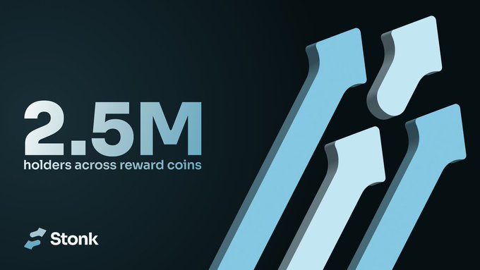 The image is a dark promotional graphic featuring large stylized light-blue and gray abstract shapes resembling bold punctuation marks, alongside the text "2.5M holders across reward coins" and the "Stonk" logo in the bottom left. It visually highlights Stonk's achievement of reaching 2.5 million combined holders across their reward coins, reinforcing the "built by holders, for holders" message.