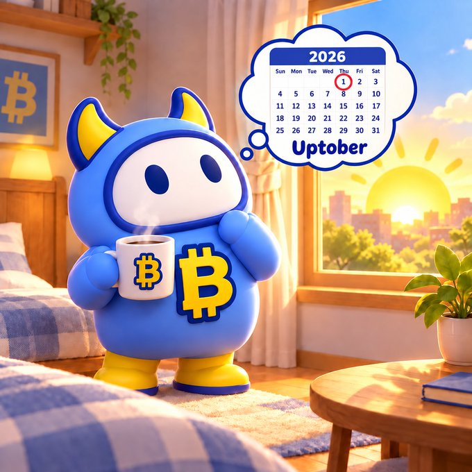 A 3D-rendered blue mascot character with Bitcoin logos on its belly holds a steaming coffee mug in a sunlit bedroom, with a thought bubble displaying a 2026 October calendar highlighting the 1st as 'Uptober'.