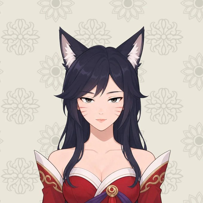 Anime-style portrait of a character with dark hair, fox/cat ears, and a red dress with white trim, set against a floral pattern background.