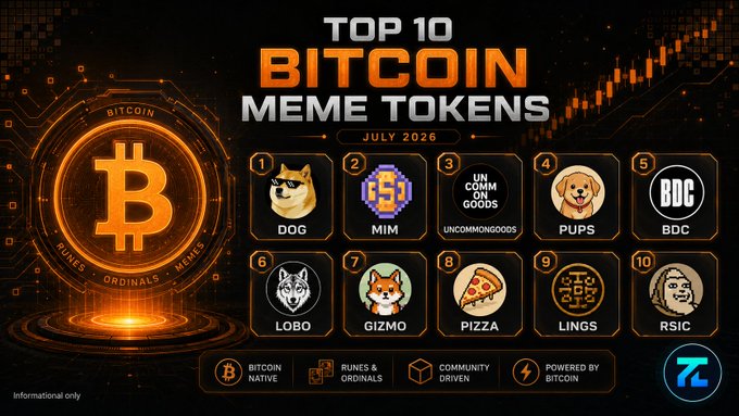 A promotional graphic titled 'TOP 10 BITCOIN MEME TOKENS' for July 2026 lists DOG, MIM, UNCOMMONGOODS, PUPS, BDC, LOBO, GIZMO, PIZZA, LINGS, and RSIC, powered by Bitcoin.