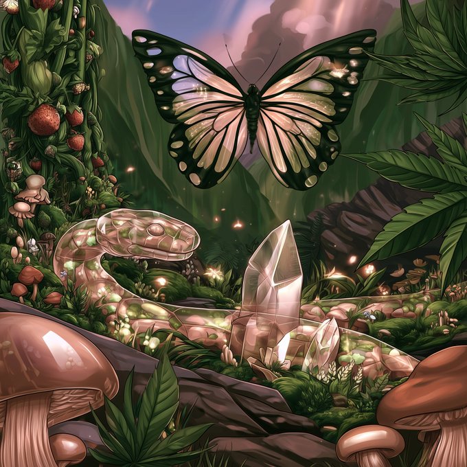 A digital fantasy artwork depicting a large butterfly with translucent green and white wings hovering in a lush forest above a snake-like creature, surrounded by glowing crystals, strawberries, and mushrooms.