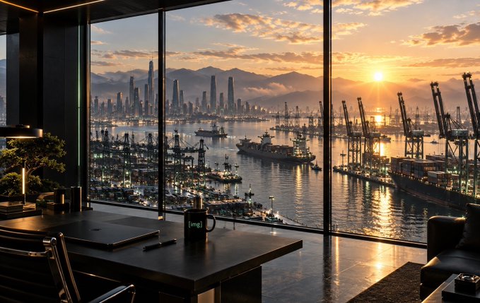 A modern home office or lounge overlooks a panoramic view of a city skyline and busy harbor port at sunset, with a desk holding a laptop and a coffee mug.