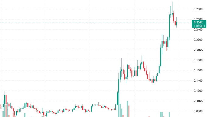 A candlestick chart showing a stock or crypto price climbing from around 0.08 to a high near 0.28 before pulling back, with the current price displayed at 0.2542.