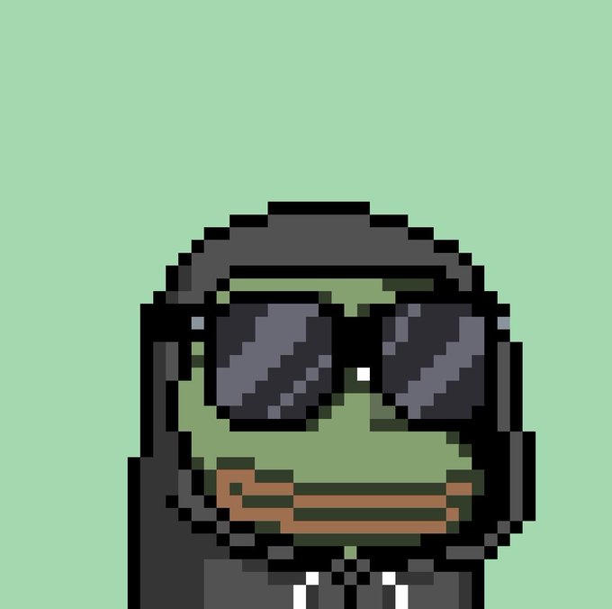 A pixel art illustration shows a character with green skin wearing a black beanie and dark sunglasses against a sage green background.